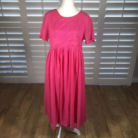 Vtg Real Comfort Chadwick 90s Bright Pink Rayon Cotton Dress 8P Embroidered 90s - Picture 1 of 12